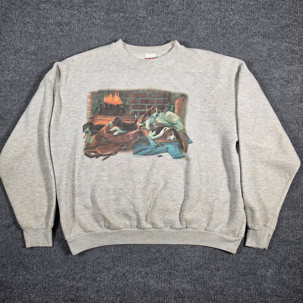 Vintage 1996 B-Wear Beagle Puppies Fireplace Sweatshirt Gray XL Made in USA